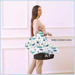 ByeBye Calorie Sea World breastfeeding cover attached to car seat for discreet feeding.