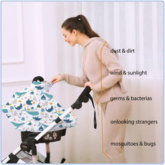 ByeBye Calorie Sea World stroller cover shields baby from sun and wind.