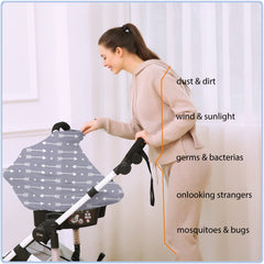 ByeBye Calorie car seat cover doubles as stroller cover in sun.