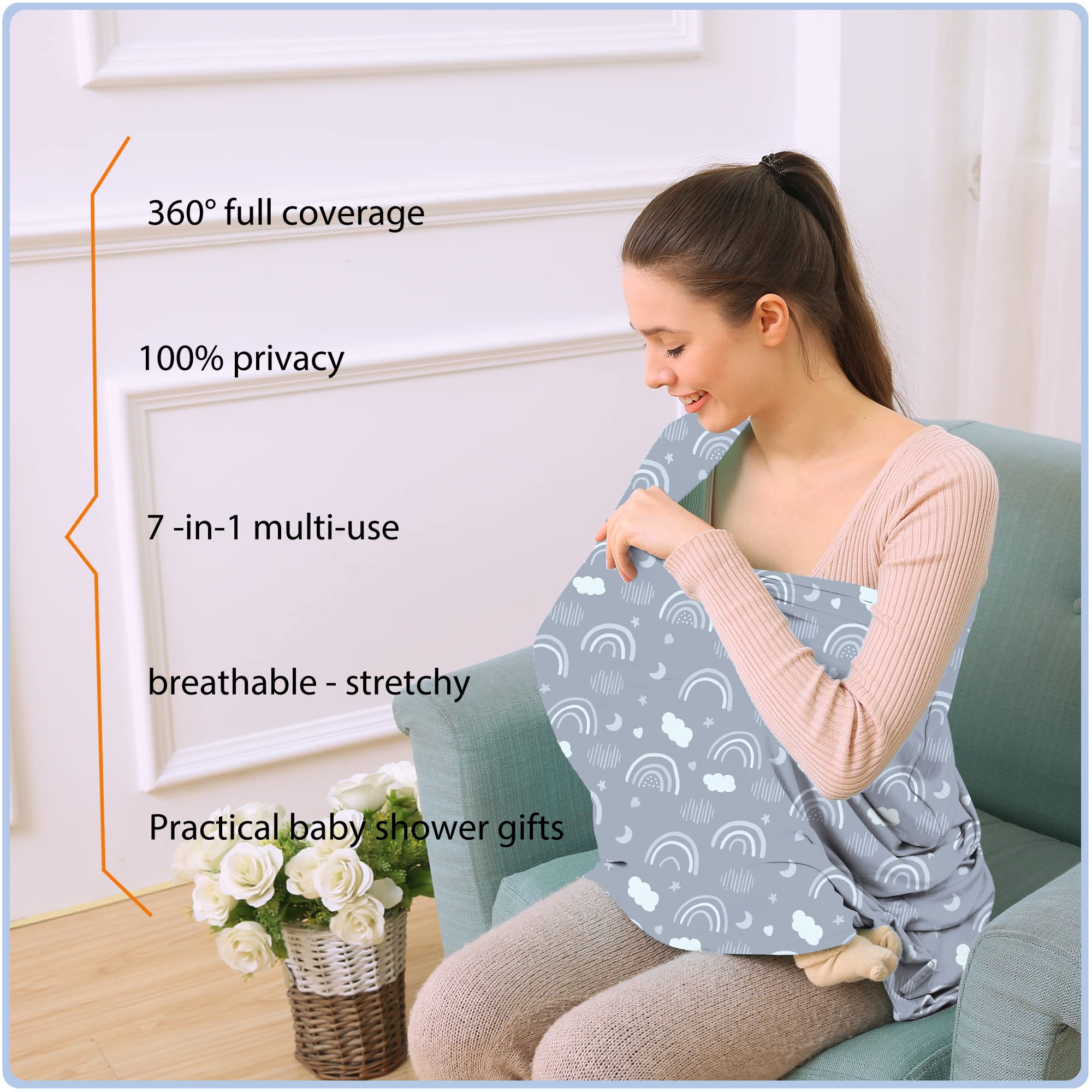 ByeBye Calorie stroller cover in grey rainbow shields baby from sun outdoors.