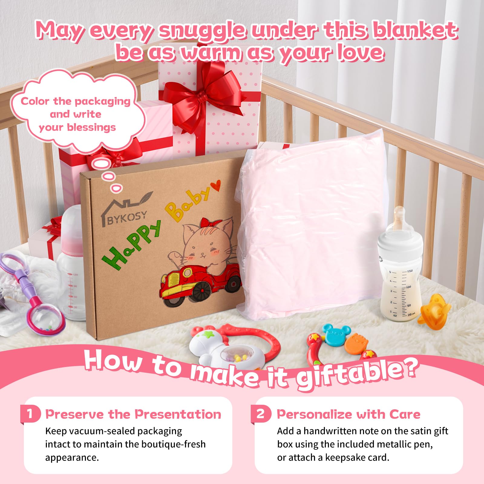 BYKOSY 30x40 blanket demonstrates versatile nursery, crib, and stroller use.