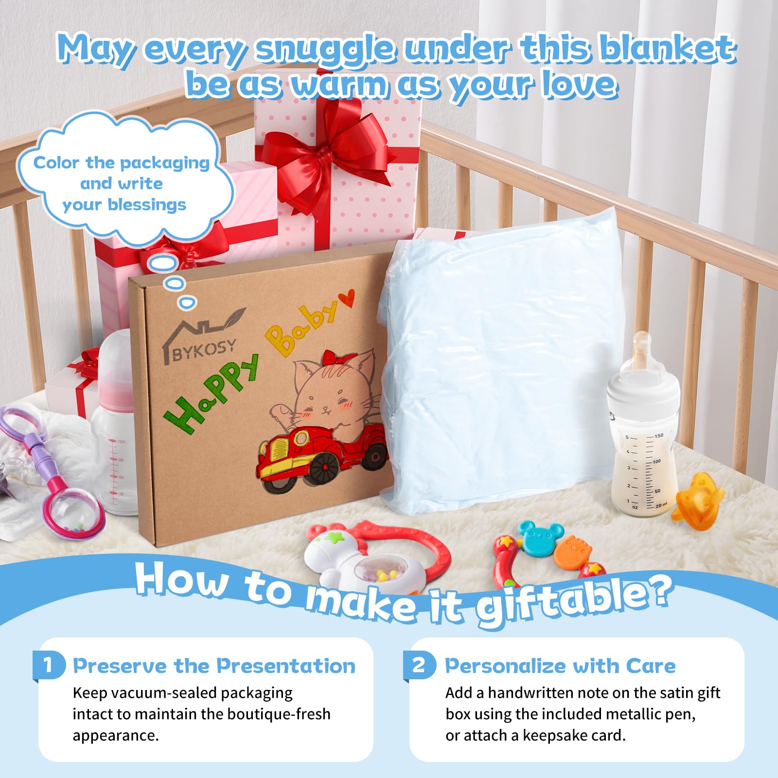 BYKOSY Ultra Soft Fleece Baby Blanket care-ready and machine-washable after baby messes