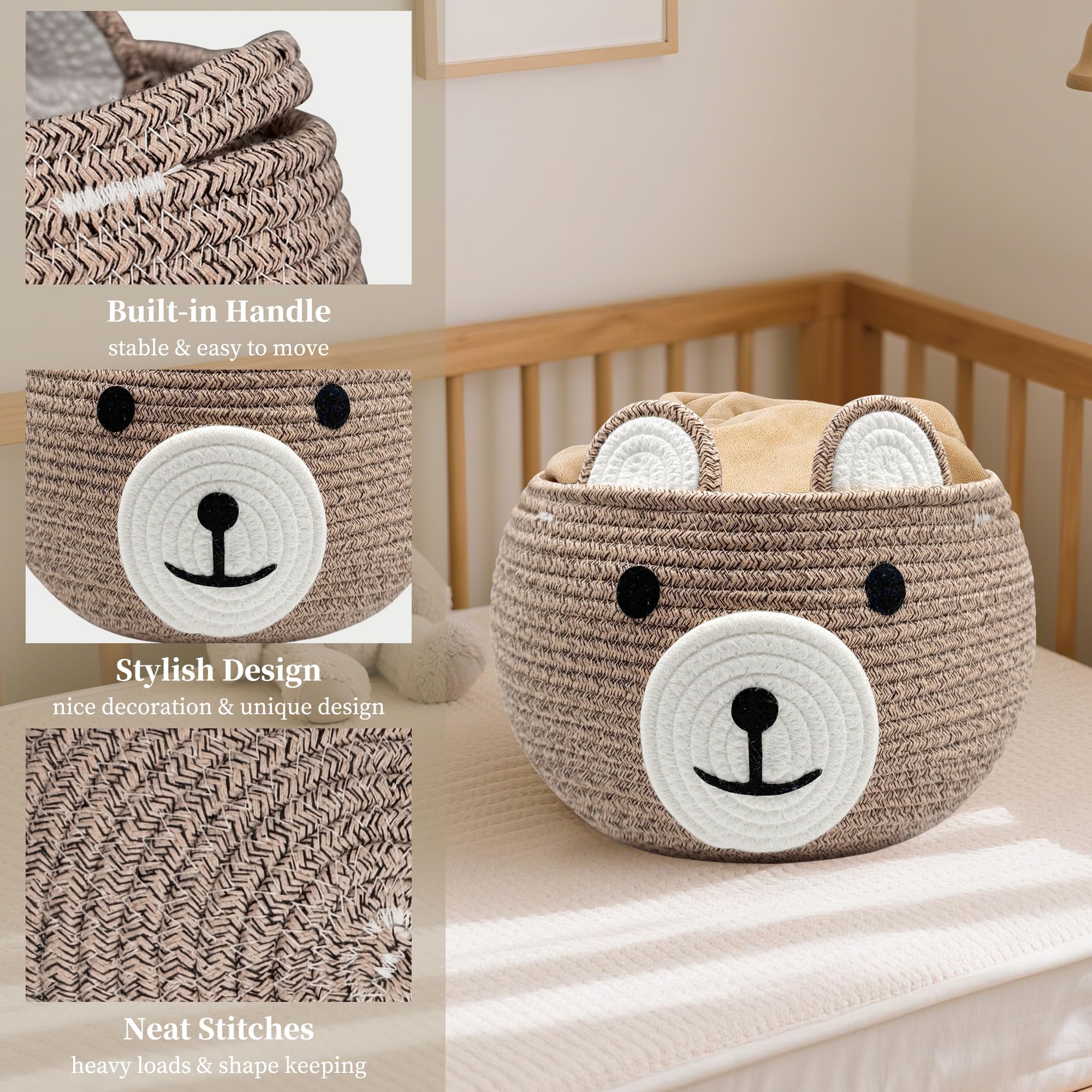 BYLSSNUK nursery decor basket with bear face detail.