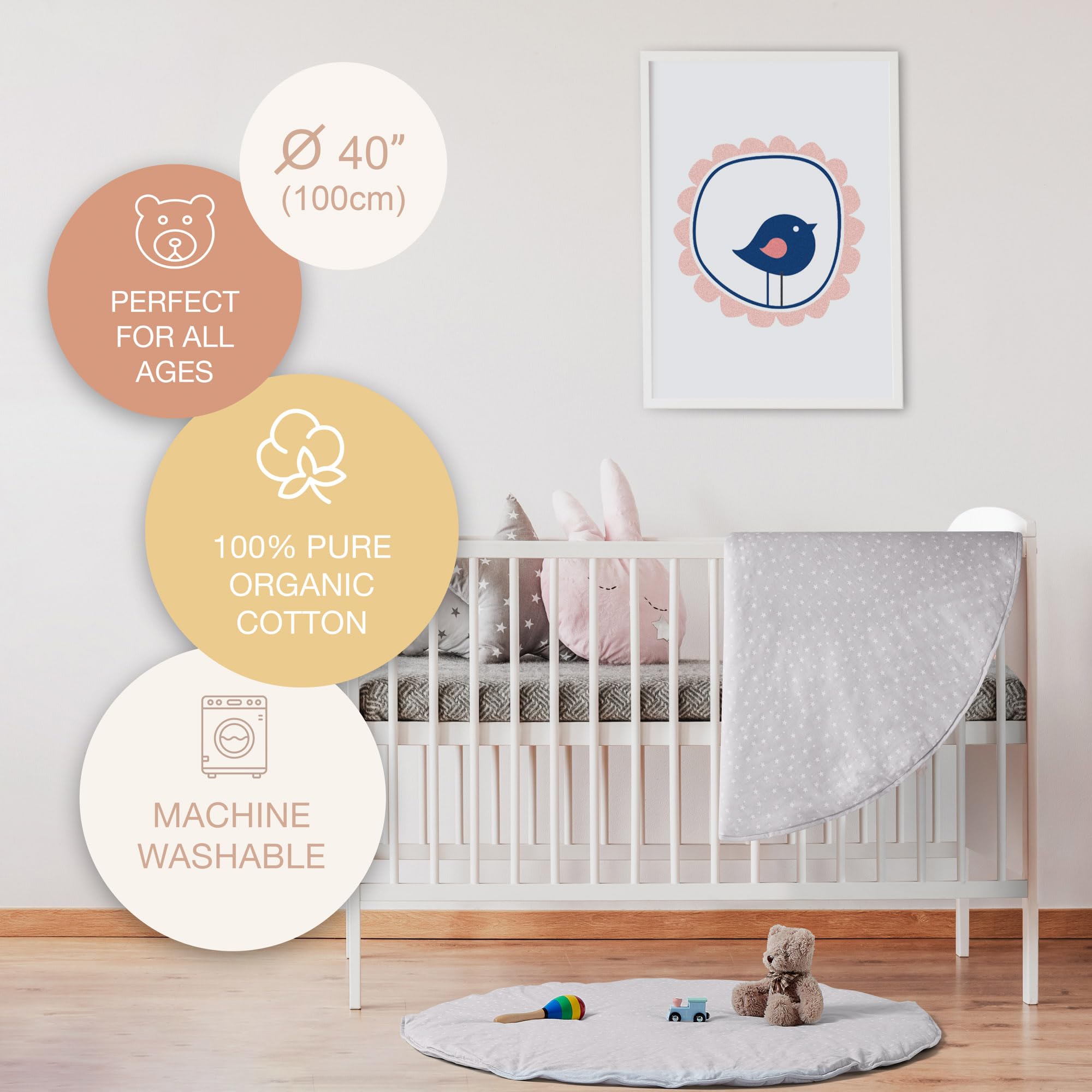 Byrd and Blume round baby play mat gray machine-washable surface for simple cleanup.