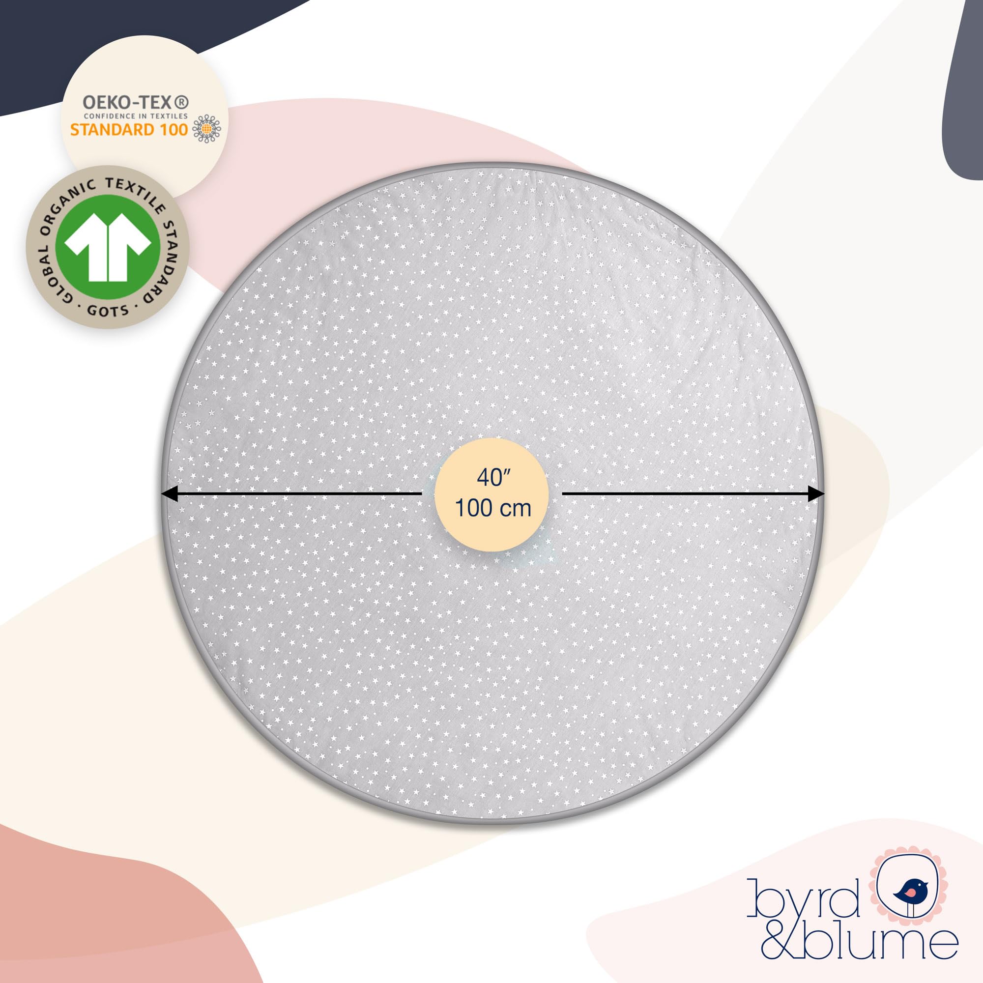 Byrd and Blume round baby play mat gray organic cotton closeup highlights breathable fabric.