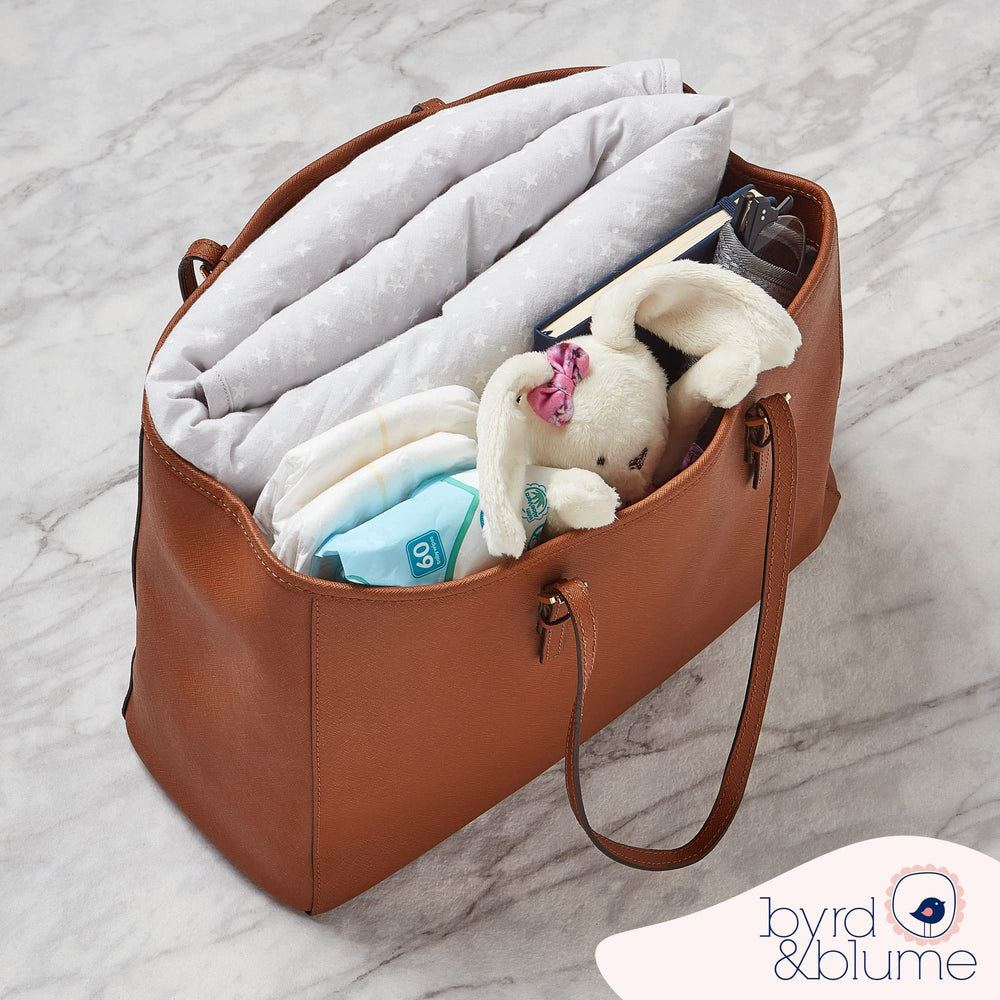Byrd and Blume round baby play mat gray portable carry bag for easy storage.