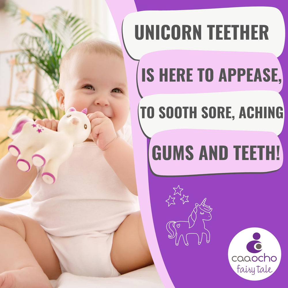 caaocho Mira Unicorn Teether in baby mouth shows textured surface for tactile exploration.