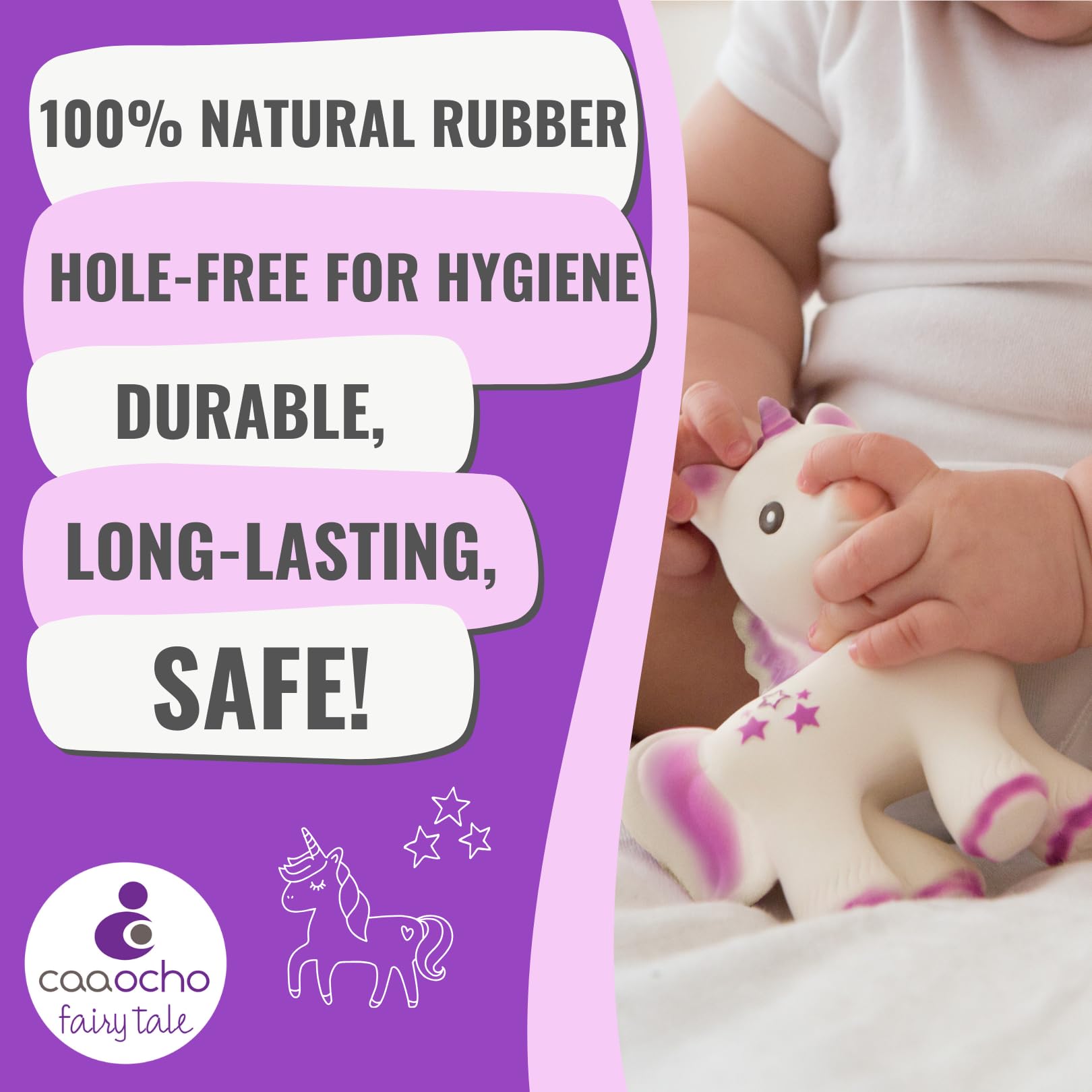 caaocho Mira Unicorn Teether in hand demonstrates easy grip for tiny fingers.