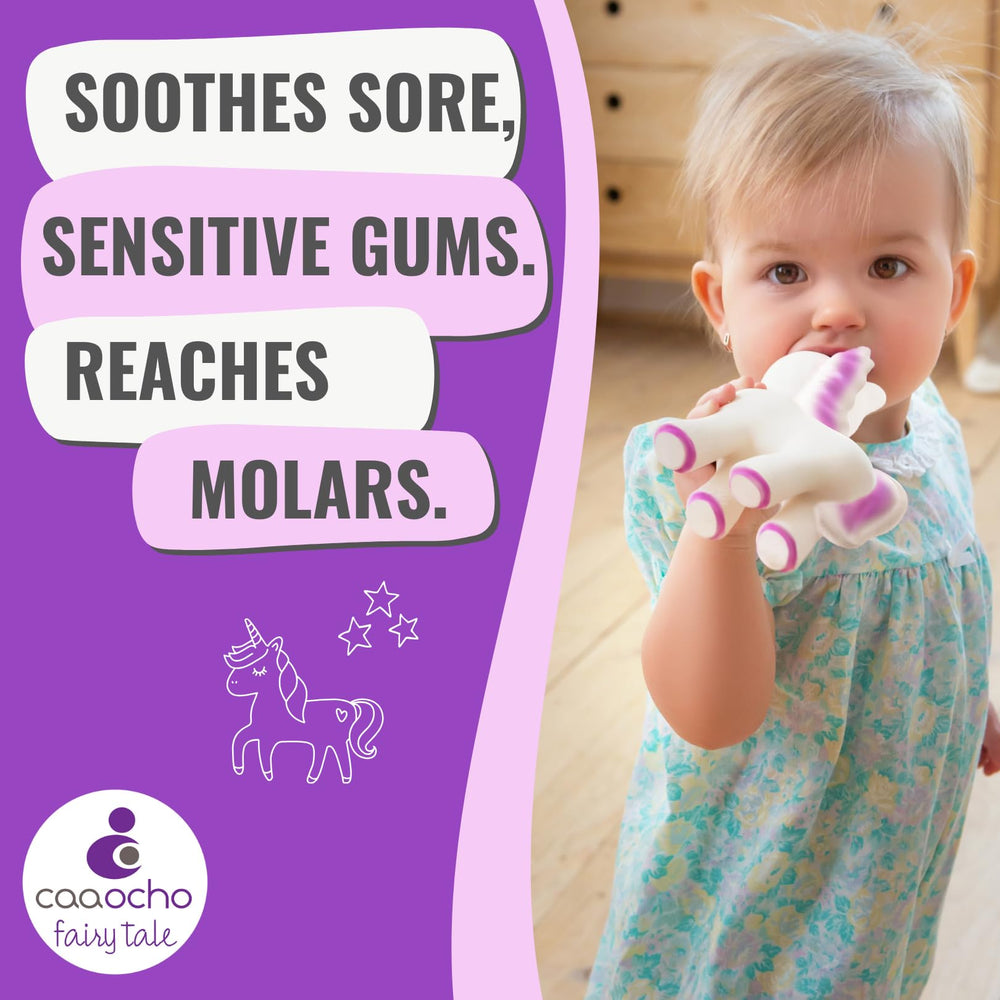 caaocho Mira Unicorn Teether packaging highlights BPA-free materials and natural rubber.