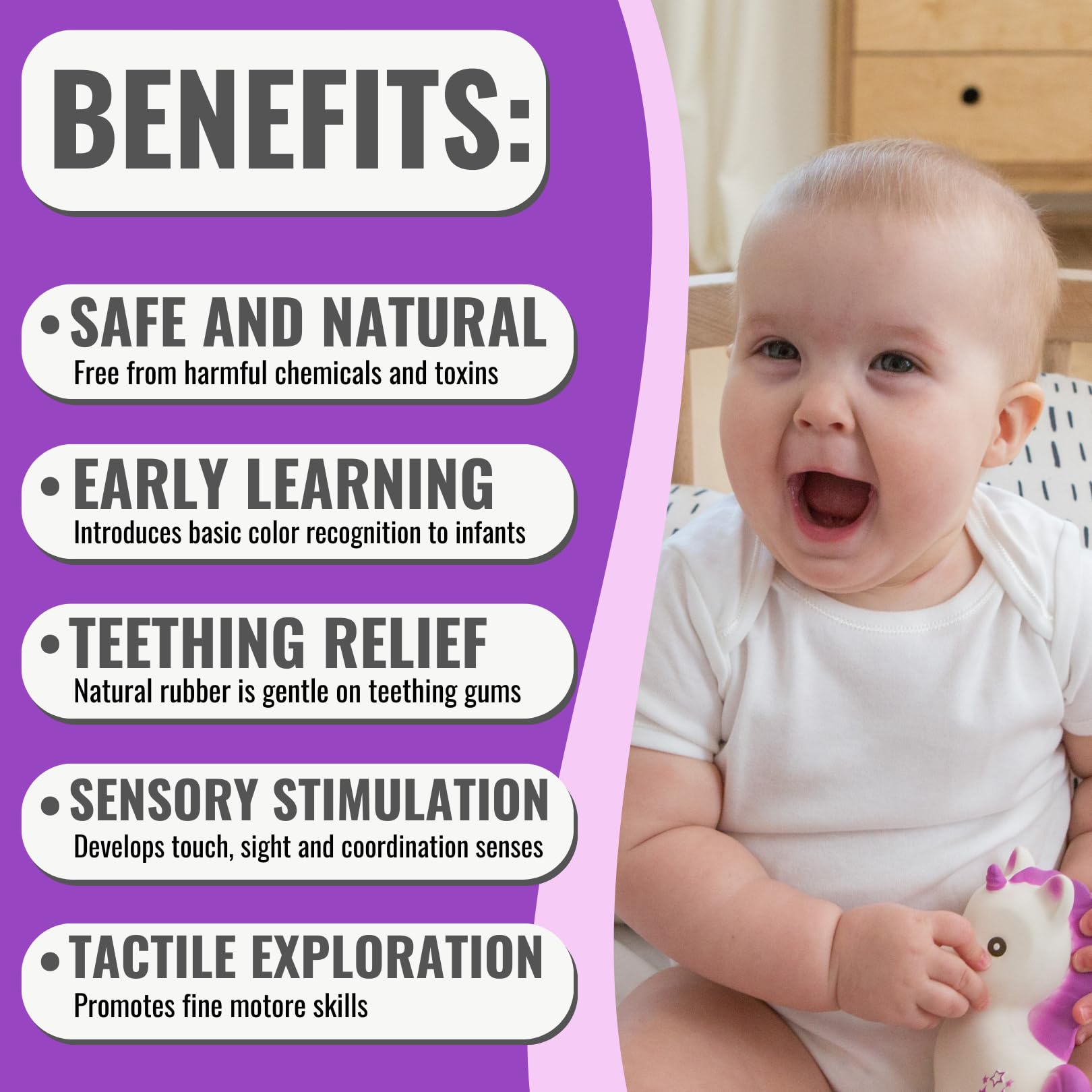 caaocho Mira Unicorn Teether textured surface emphasizes massaging action for sore gums.