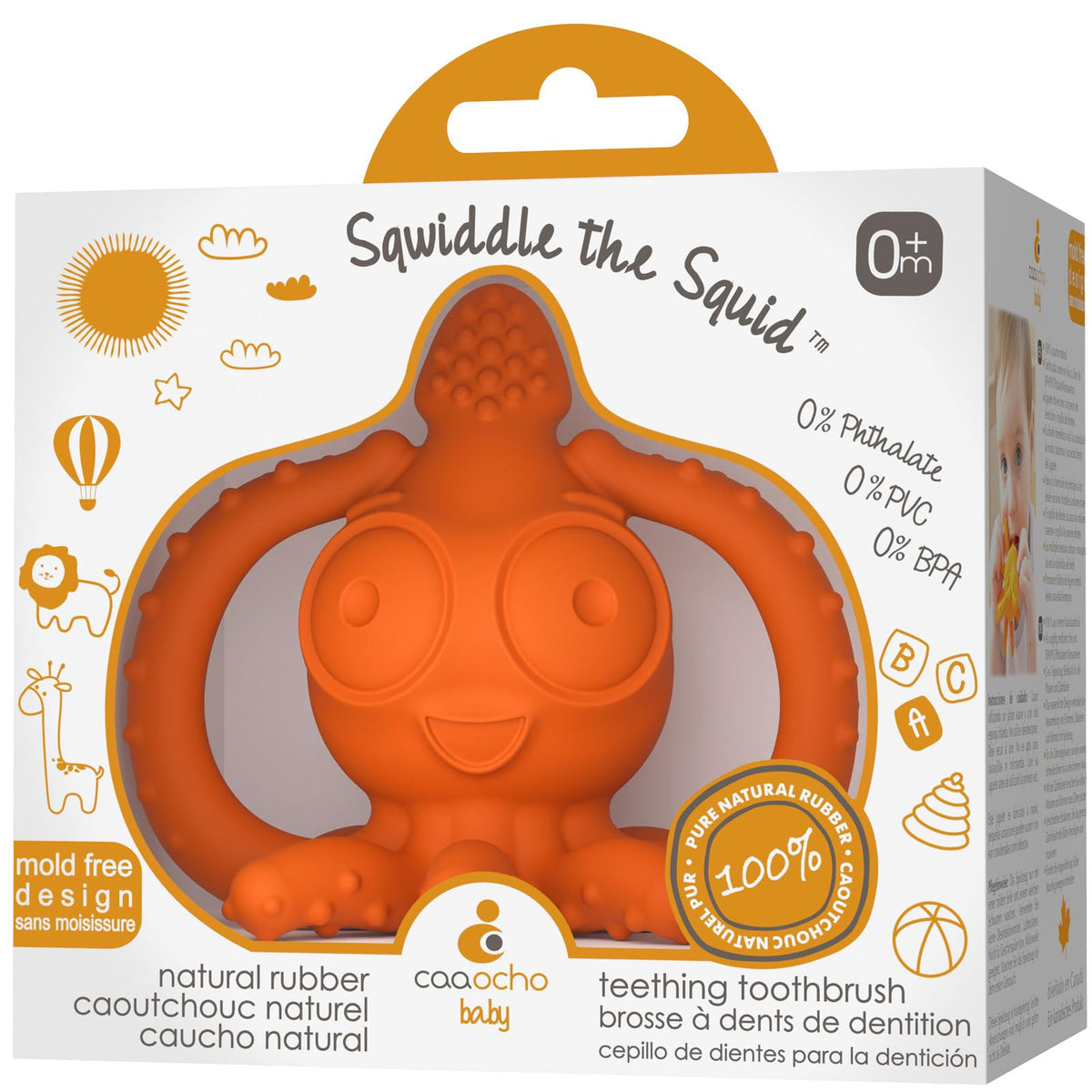 caaocho Sqwiddle Squid teether front view promotes safe chewing for growing gums.