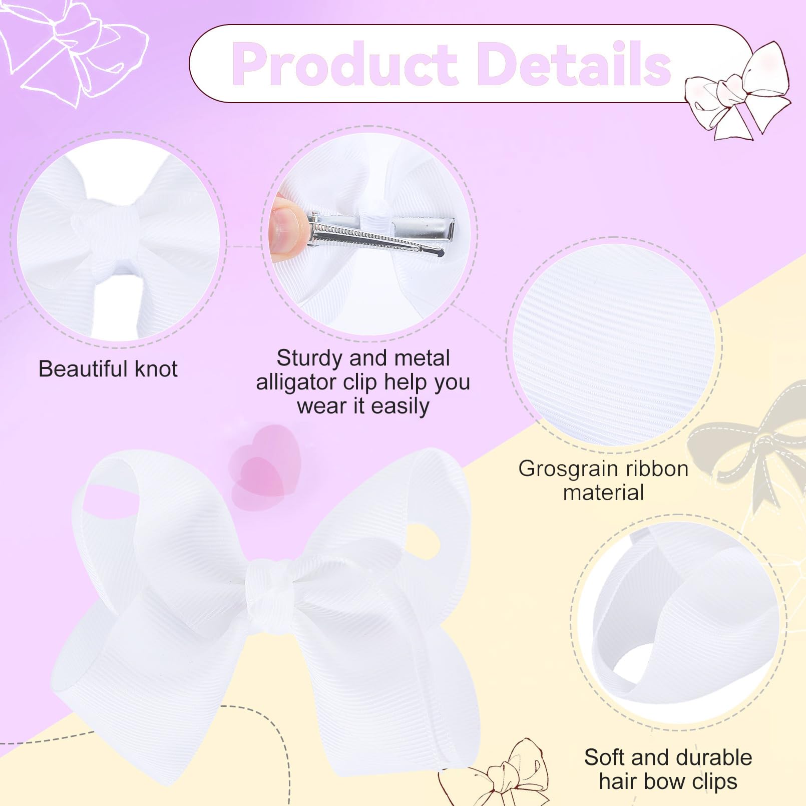 Cabaubl alligator-clip white hair bow provides secure, non-slip hold for active days