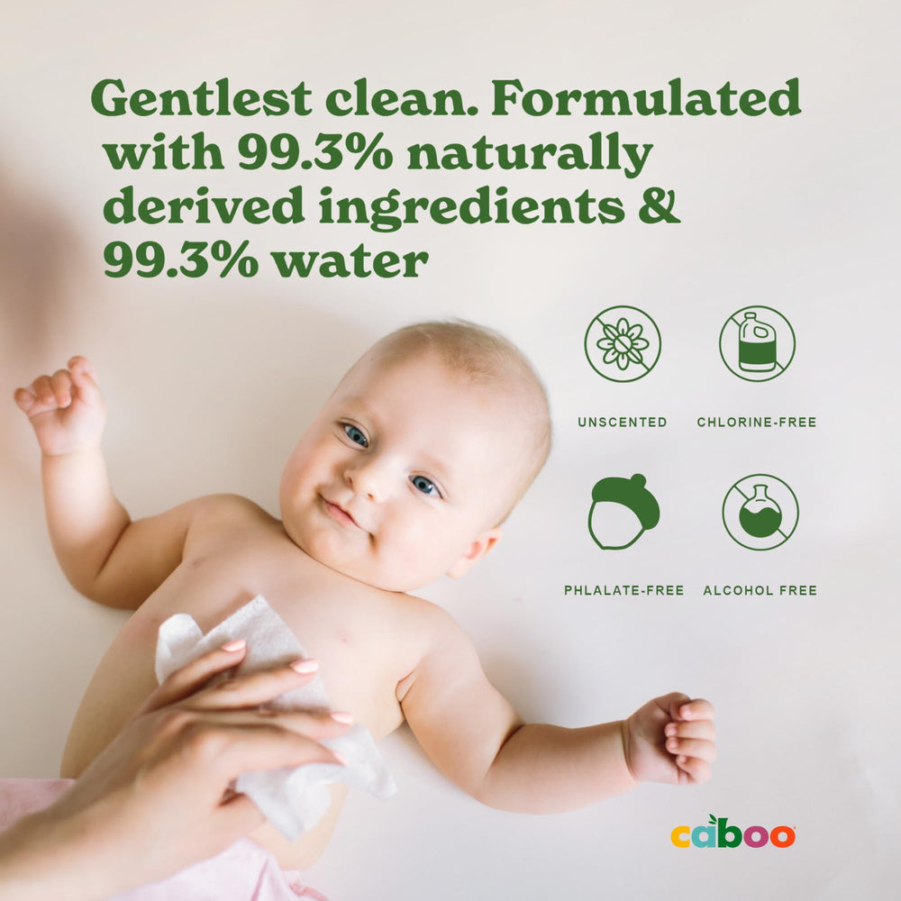 Caboo Baby Wipes Made Safe ingredients label close-up emphasizing naturally derived components.