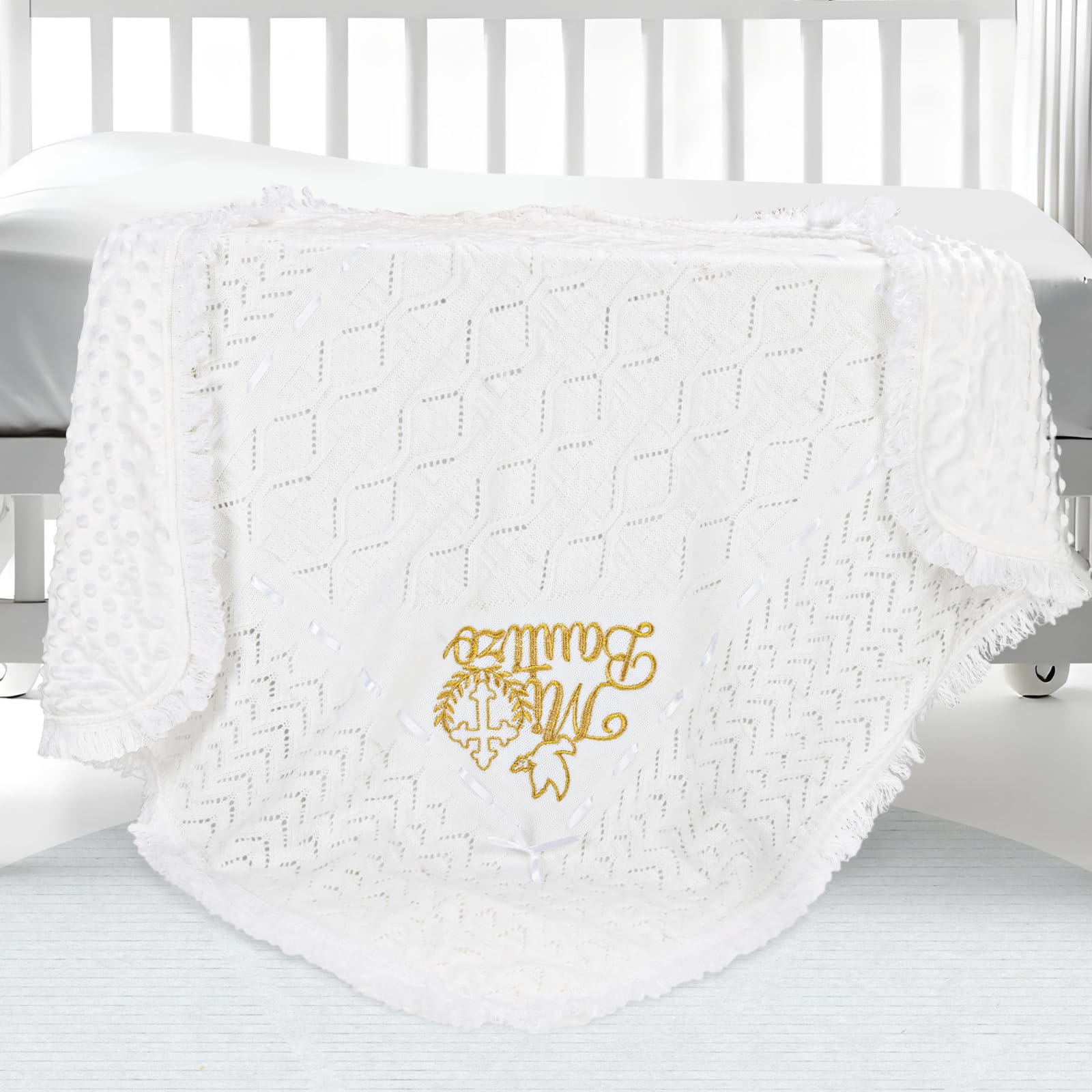 Cacooba baby blanket with christening crosses and doves embroidery for dedication day.