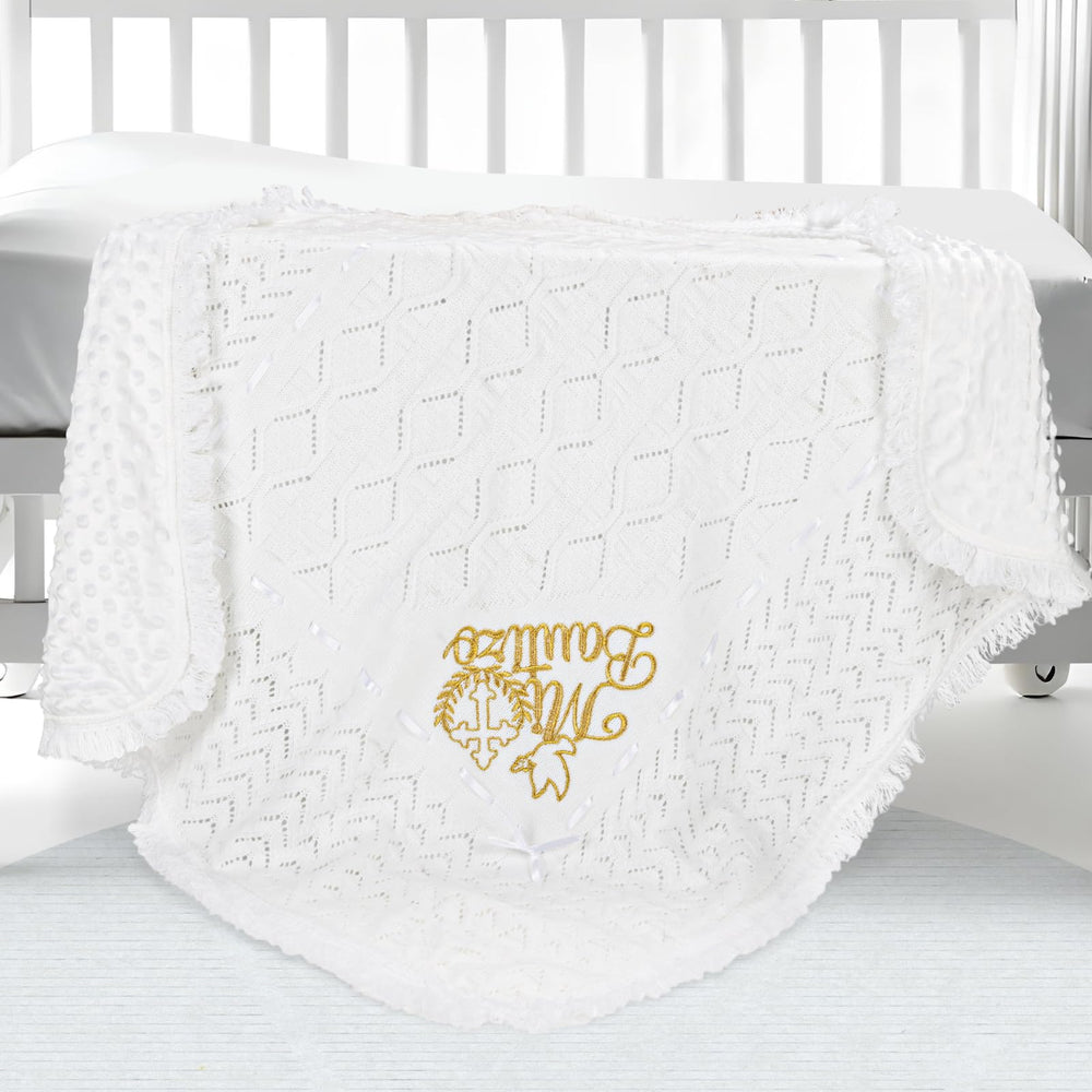 Cacooba baby blanket with christening crosses and doves embroidery for dedication day.