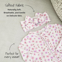 Caden Lane headwrap stretched on a growing baby, comfortable fit.