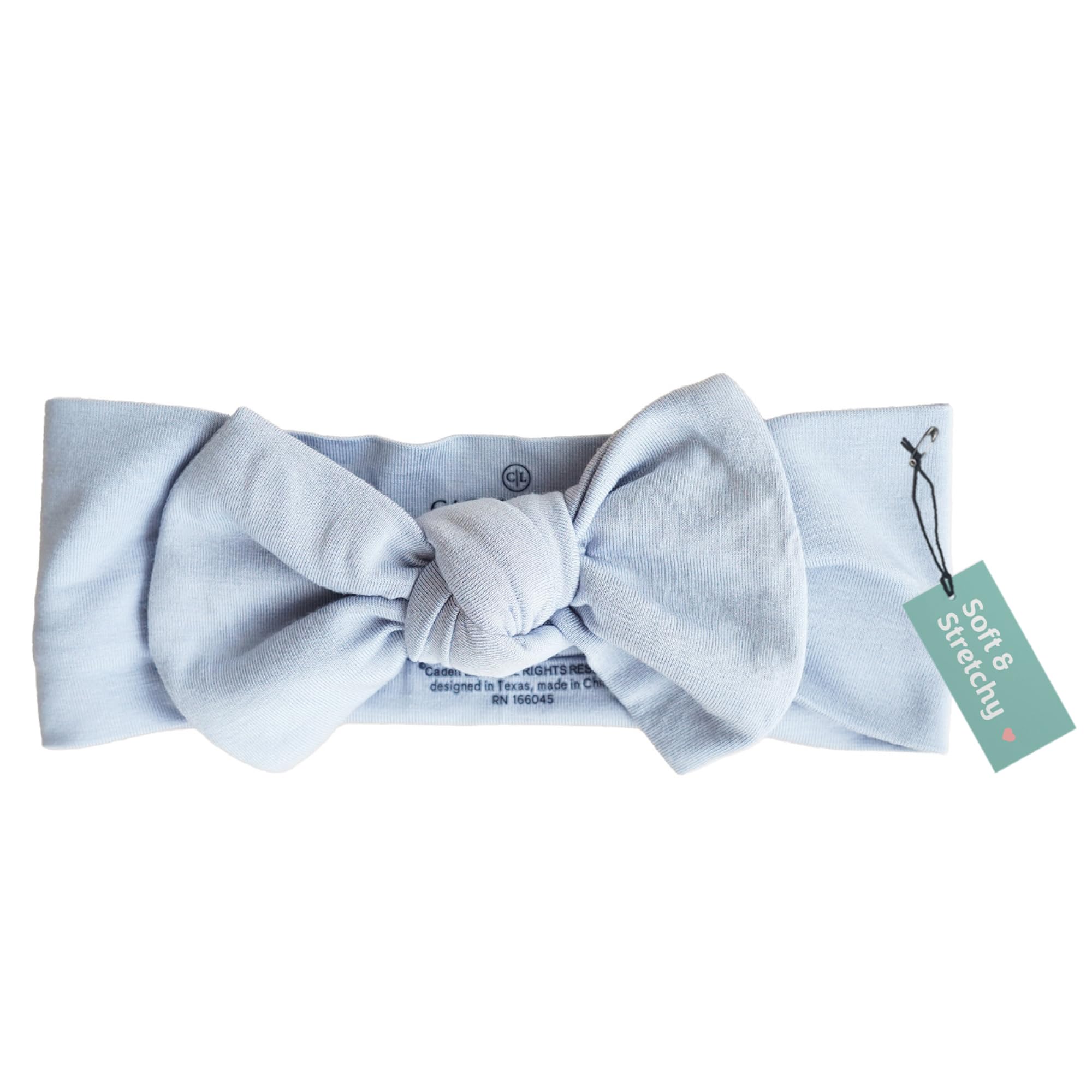 Caden Lane headwrap in Mist Blue with knotted bow for stylish newborn photo shoots.