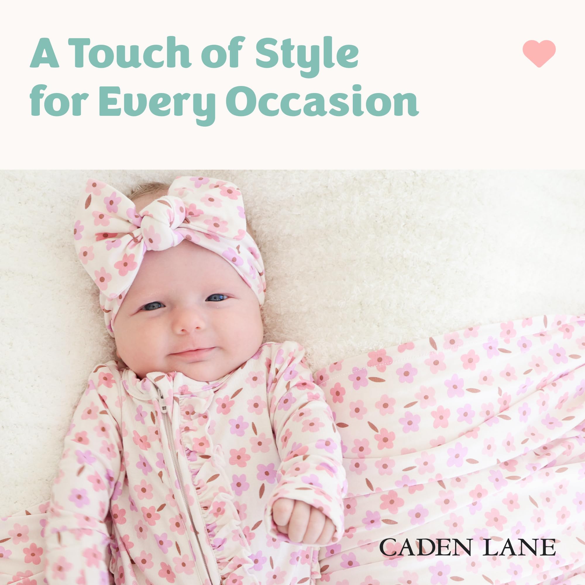 Caden Lane headwrap for newborns in soft bamboo fabric, gentle on delicate hair.