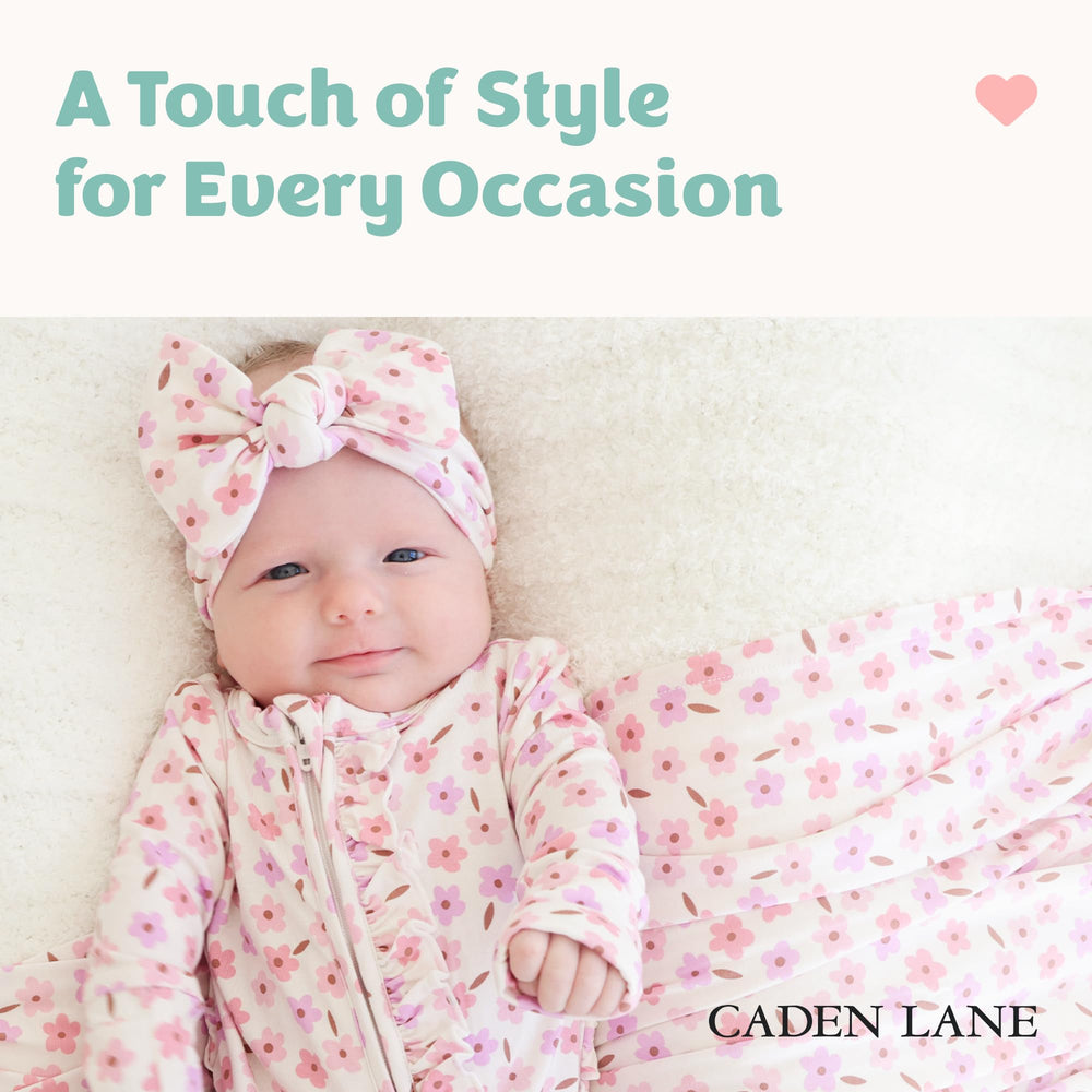 Caden Lane headwrap for newborns in soft bamboo fabric, gentle on delicate hair.