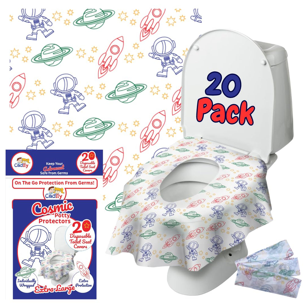 Cadily Astronaut seat-cover packaging shows a travel-ready 20-pack for busy families.