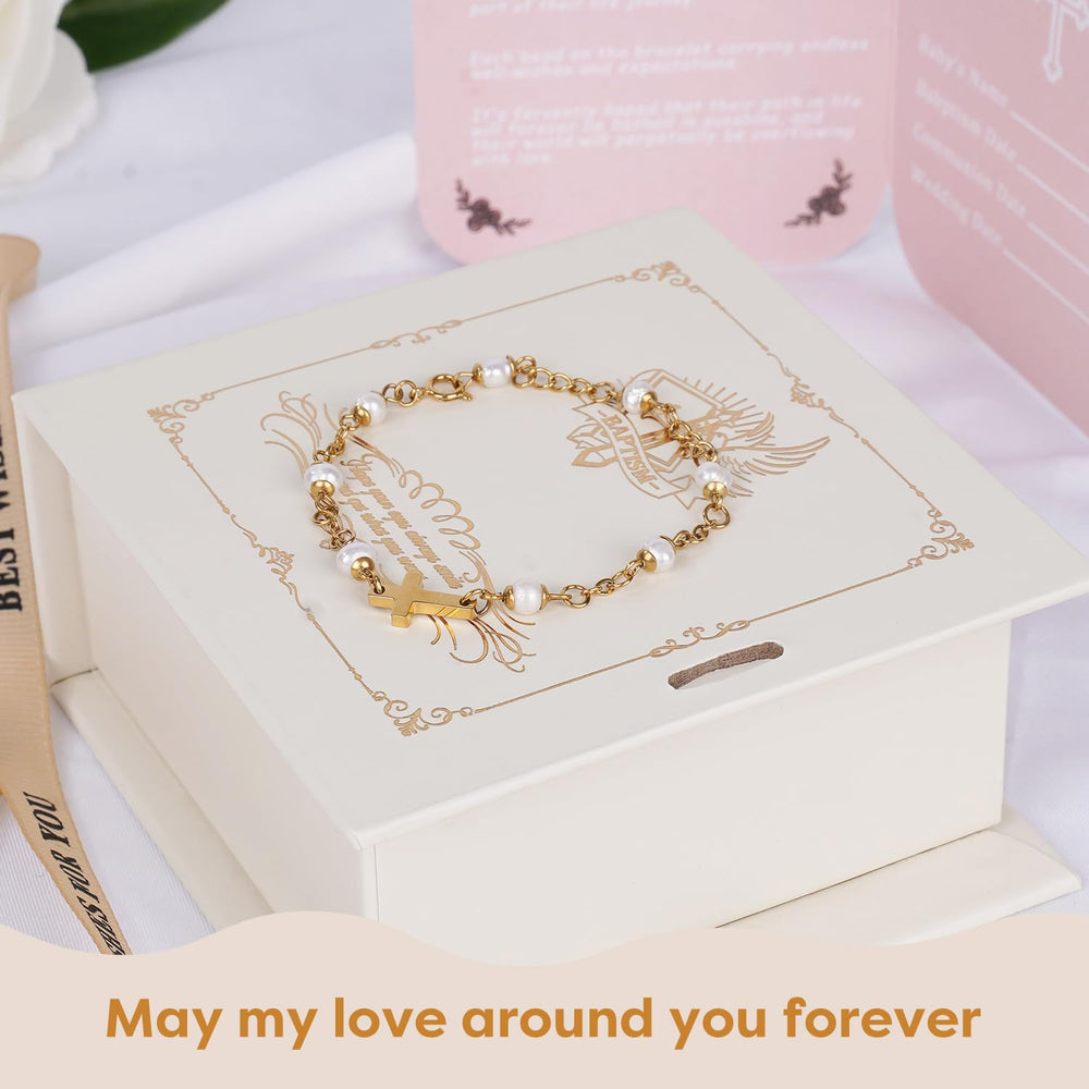 Cafzed baptism bracelet with poem card paired with a keepsake message