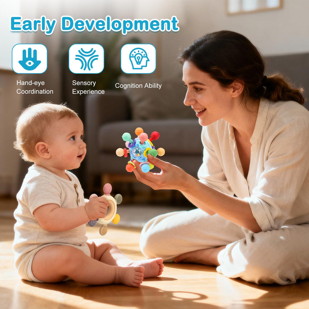 CAHILON multi-sensory silicone ball – rattle ring and beads – encourages tactile exploration.