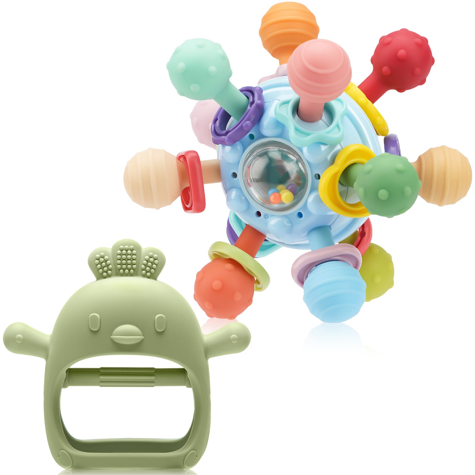 CAHILON 2pack baby teething toys closeup showing colorful textures for gum soothing