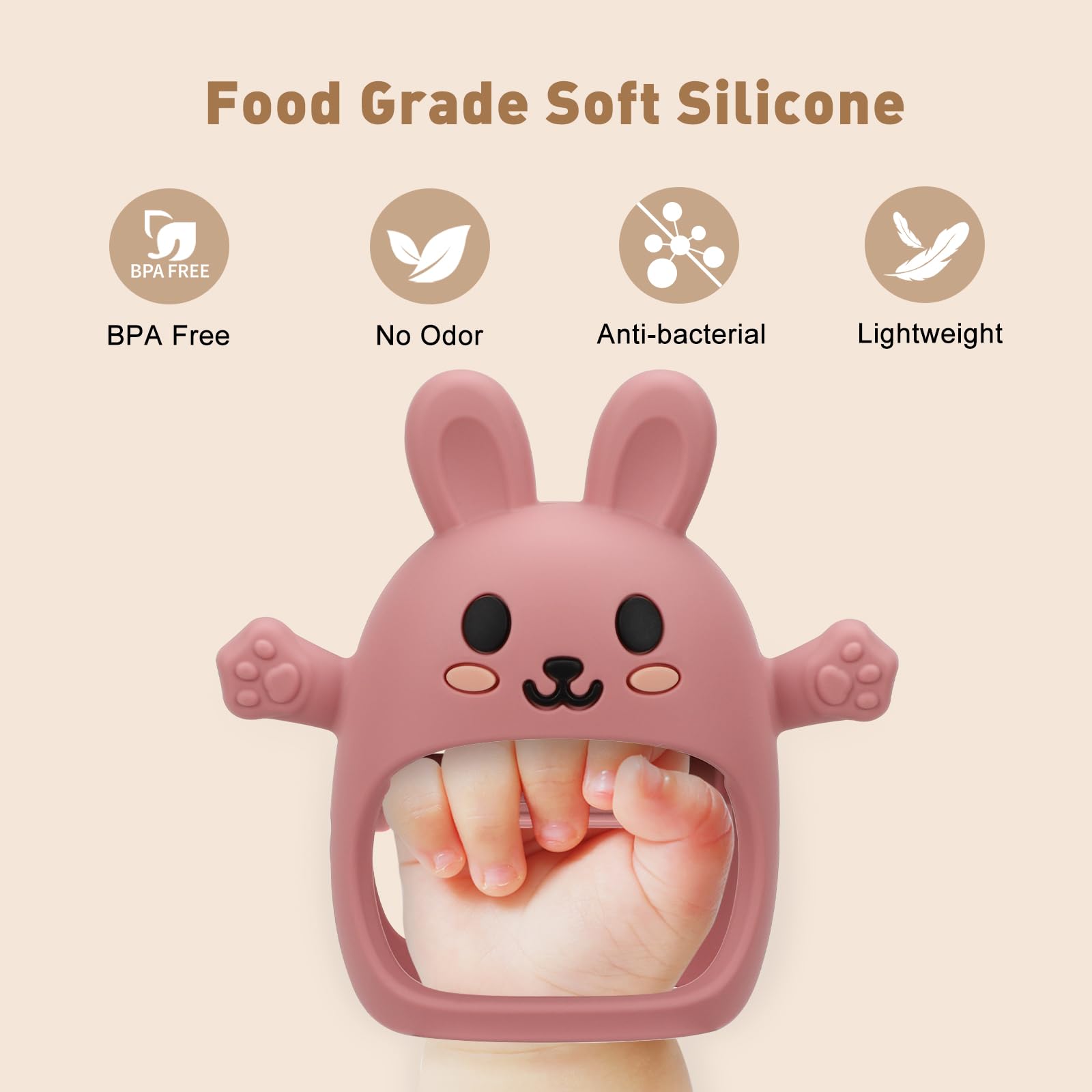 CAHILON anti-drop rabbit teether mitten demonstrates secure wrist fit