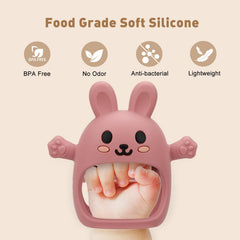 CAHILON anti-drop rabbit teether mitten demonstrates secure wrist fit
