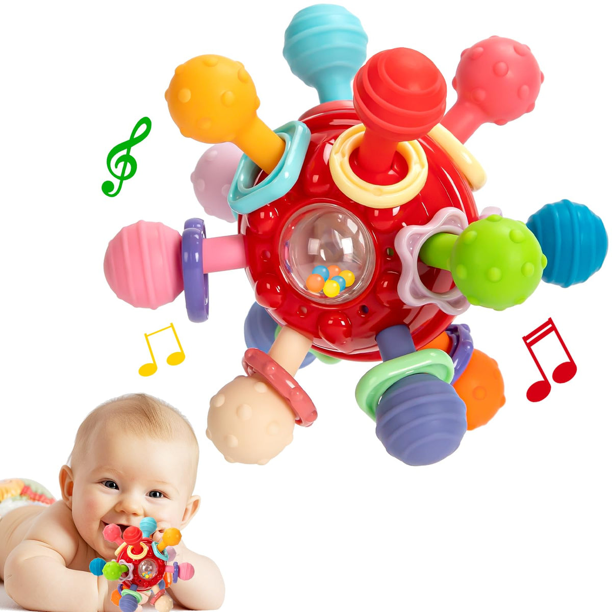 CAHILON baby teething toy shows colorful chew points for soothing gums and sensory exploration.