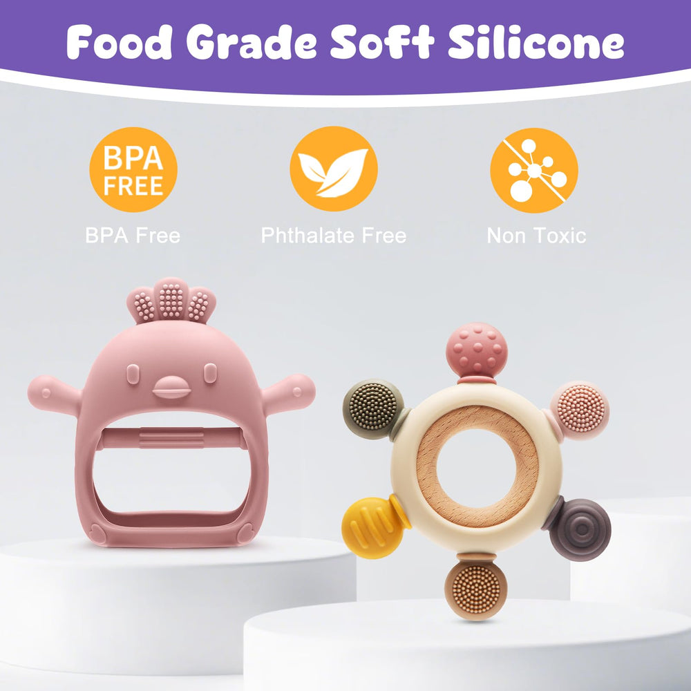 CAHILON BPA-free silicone teether ensures safe chewing material.