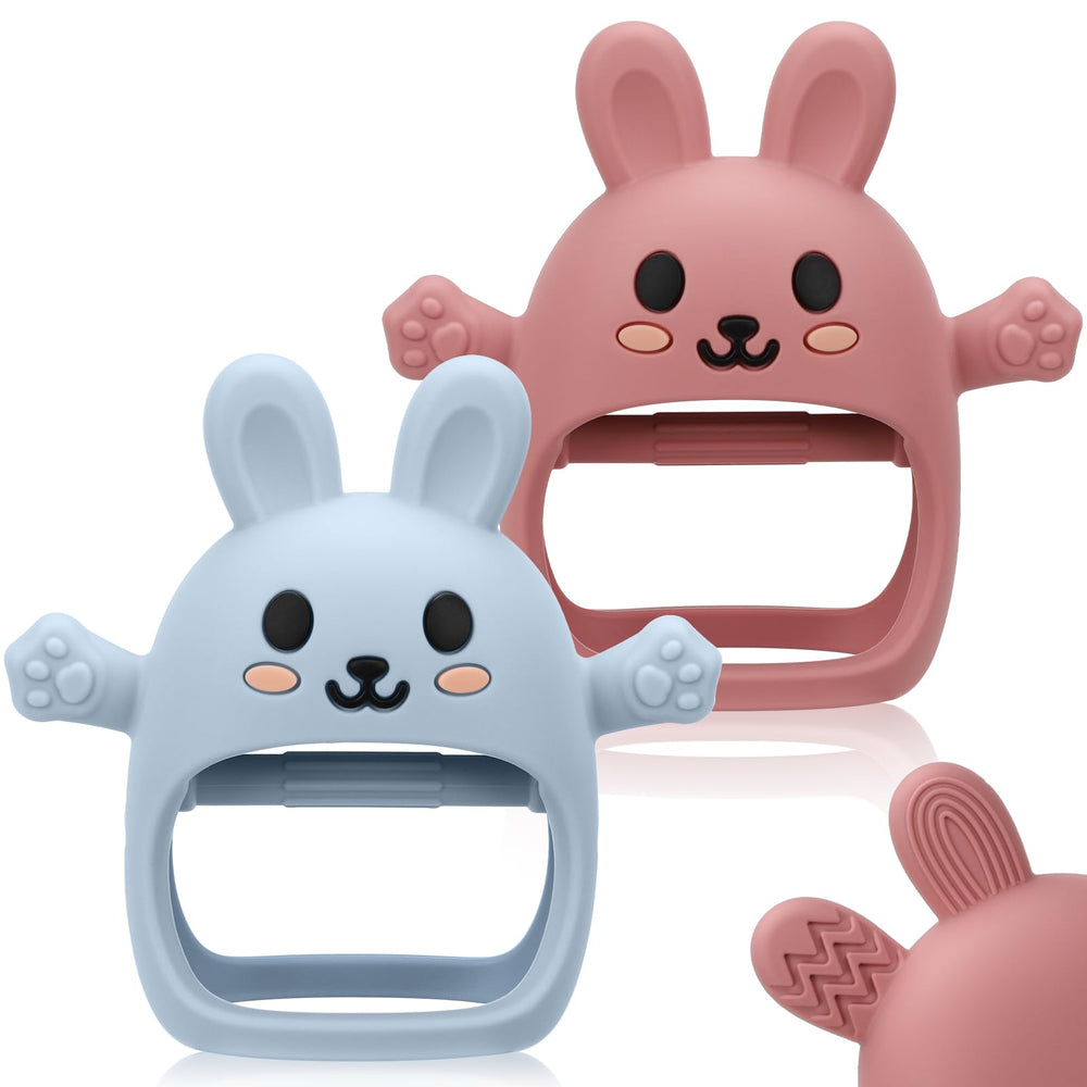 CAHILON bunny teether mitten worn on baby's wrist showing anti-drop design for easy handling