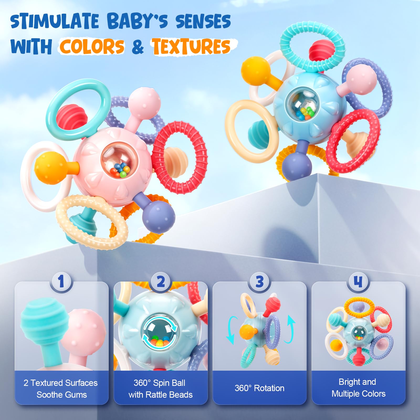 CAHILON infant sensory chew rattles producing engaging sounds