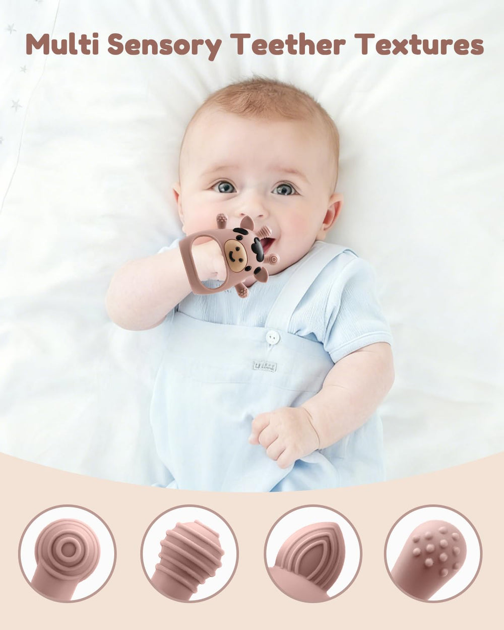 CAHILON silicone teether four chewing points close-up for gum relief.