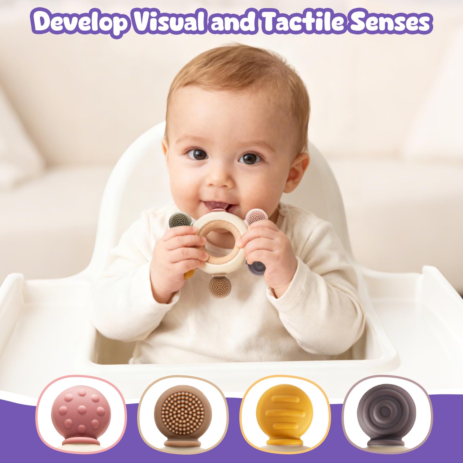 CAHILON soft bite-points teether offers varied textures for comfort.