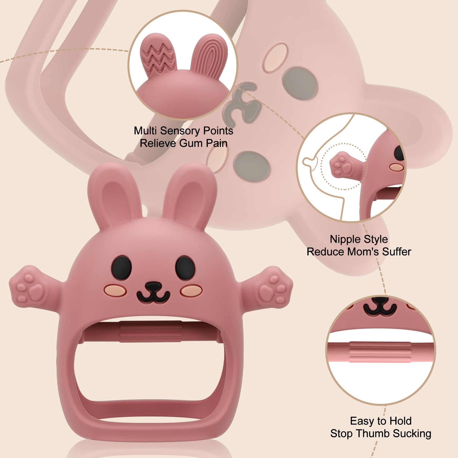 CAHILON soft silicone teether textures close-up highlighting gum soothing options