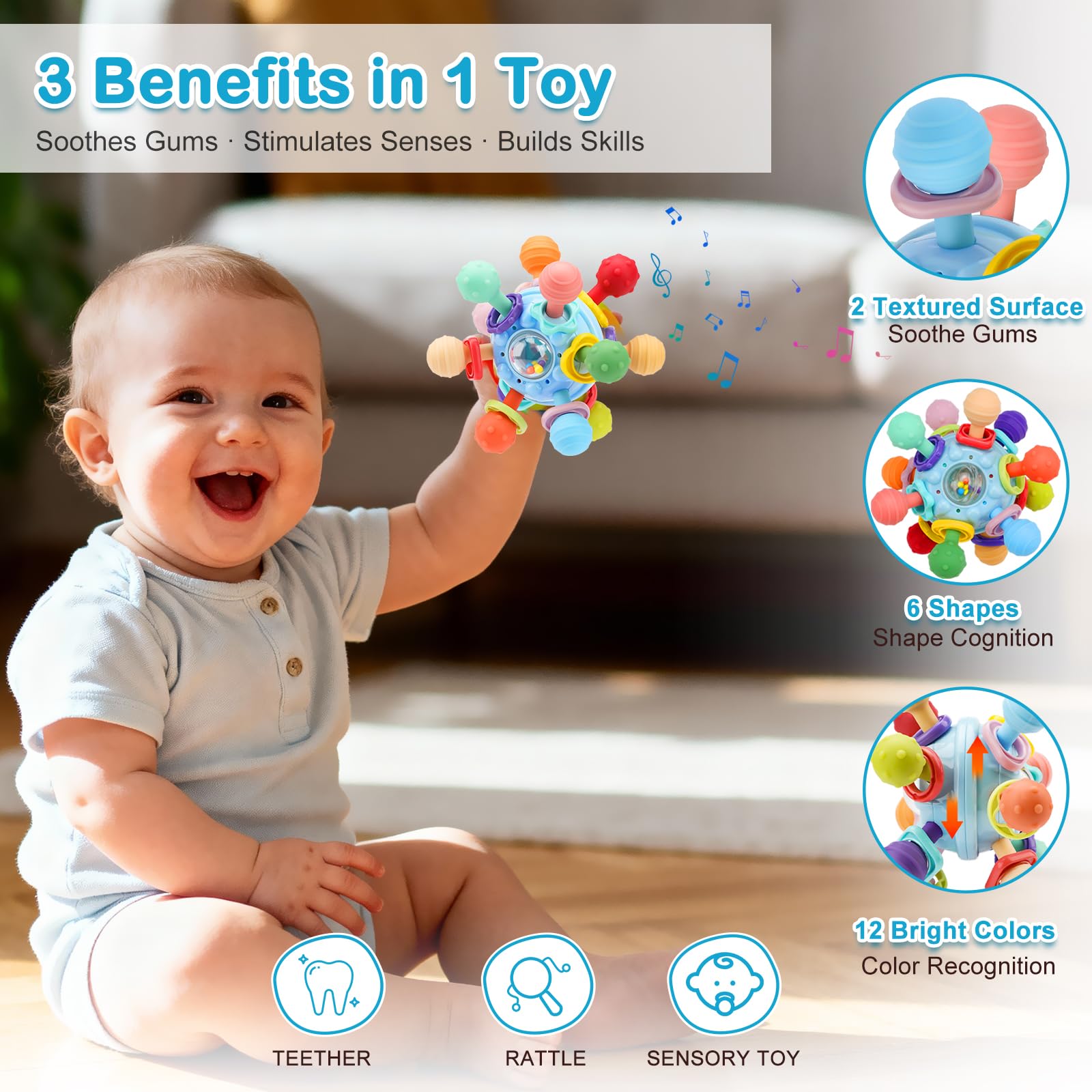 CAHILON teether toys – Montessori-inspired textures – supports fine motor and hand-eye coordination.