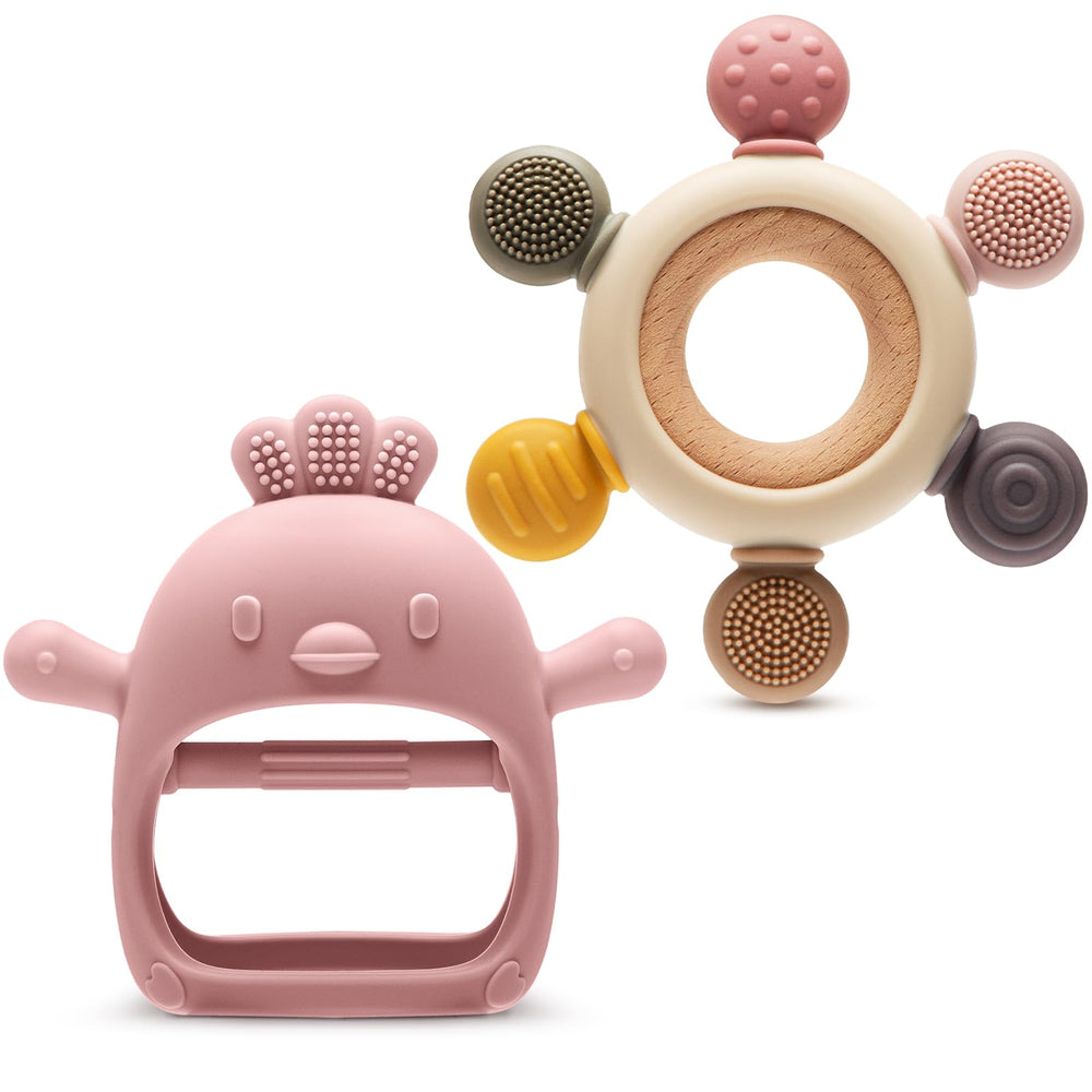 CAHILON teether mitten pack soothes gums during teething and is safe for chewing.