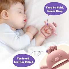 CAHILON wooden ring teether features natural texture for gum massage.