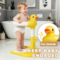 Caiuiyda baby shower stand anti-slip base helps keep bath time stable.