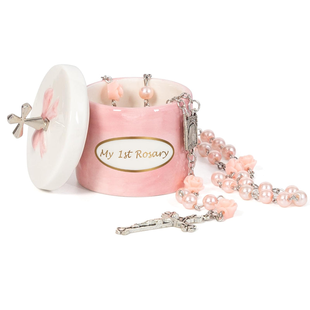 CalabasasMade baptism girl rosary box front view, a beautiful keepsake for baptism.