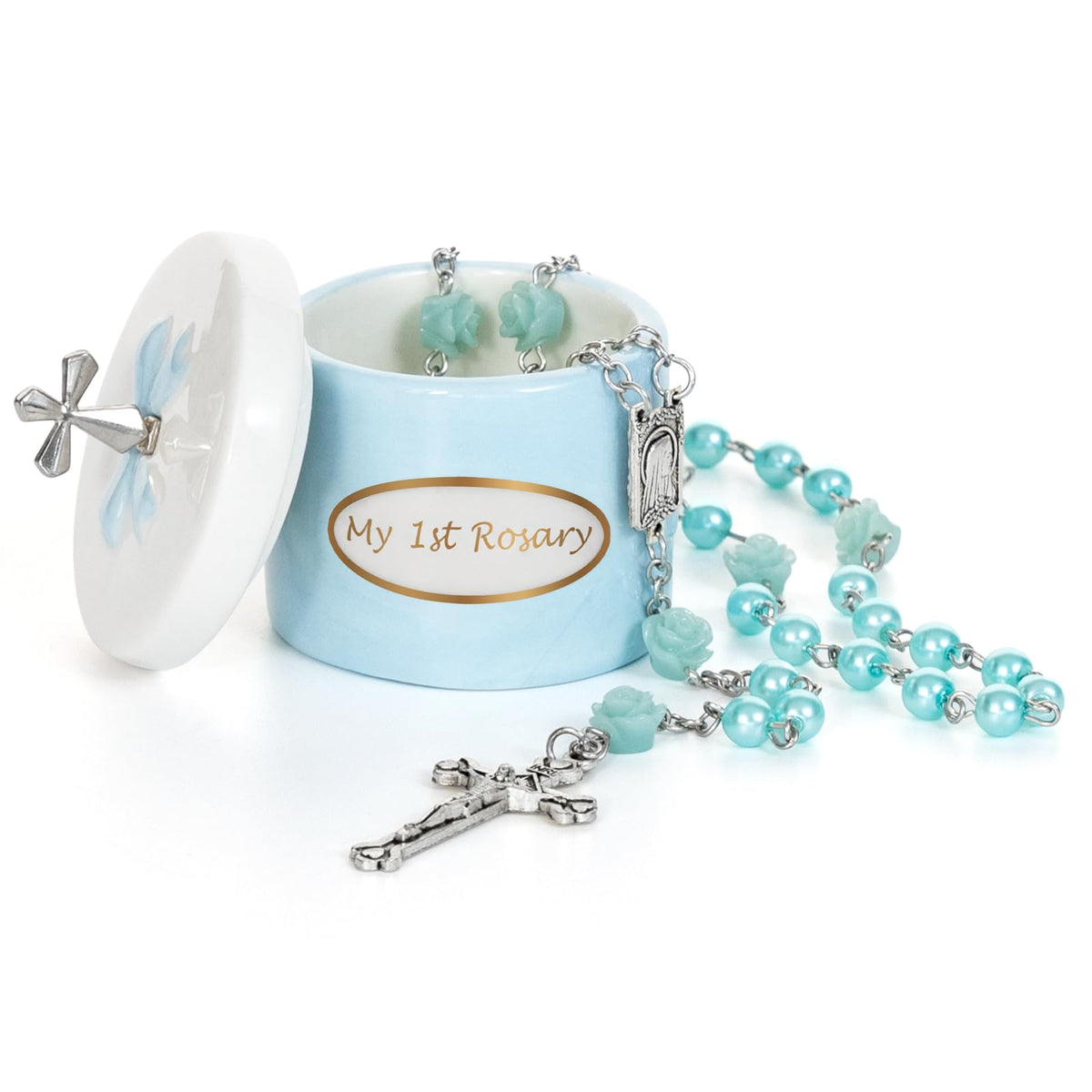 CalabasasMade My First Blue Rosary Keepsake Box for baby baptism keepsake display