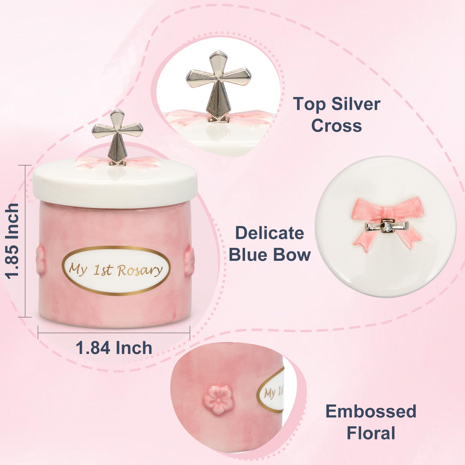 CalabasasMade pink ceramic keepsake box, compact storage with silver cross.