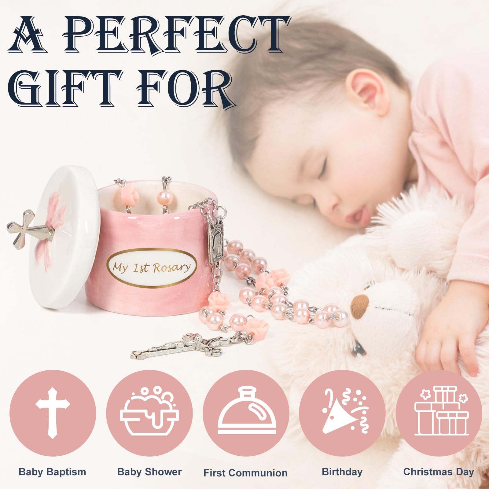 CalabasasMade pink rosary beads closeup, delicate infant beads for precious moments.