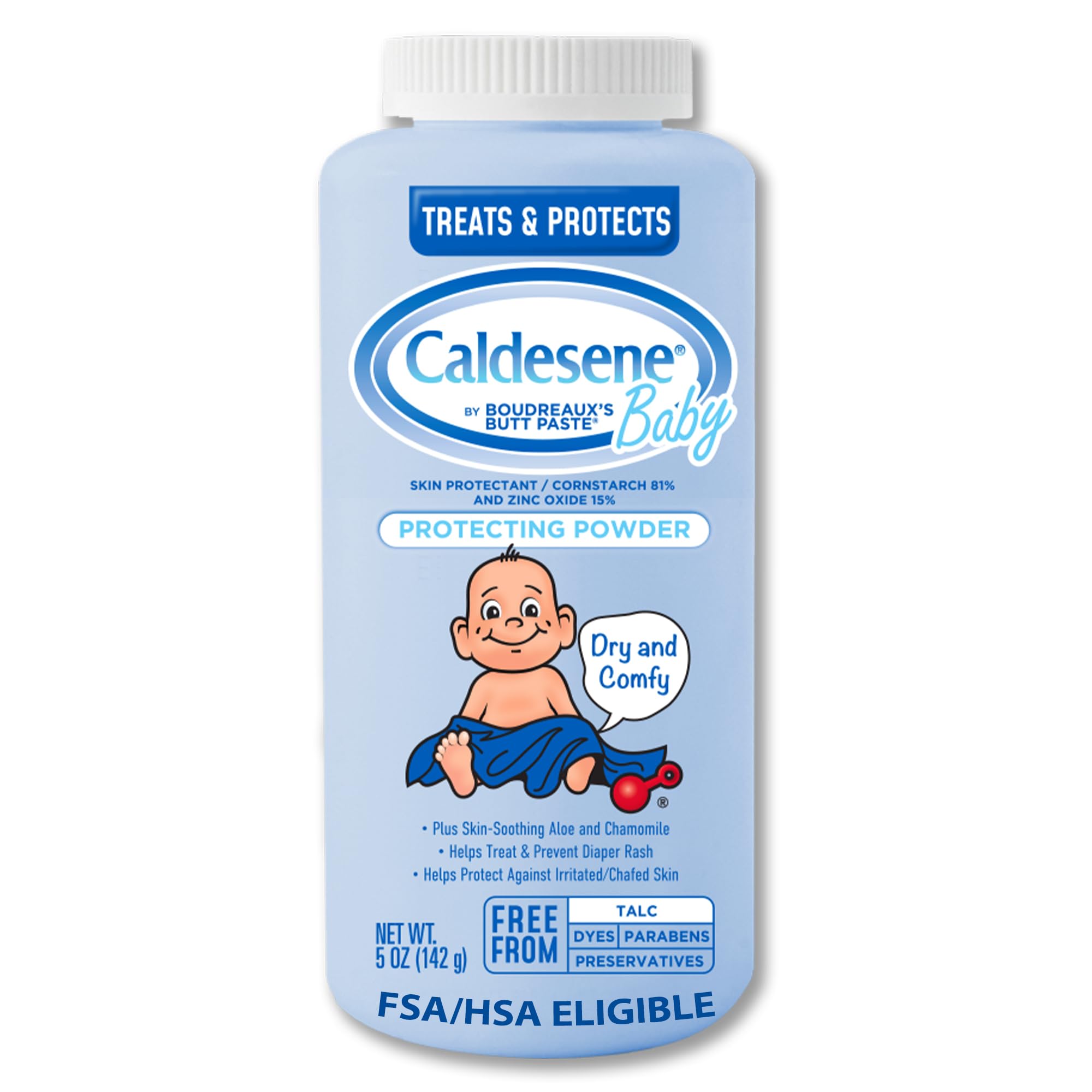 Caldesene dry-comfy baby powder 5oz bottle showing moisture barrier.