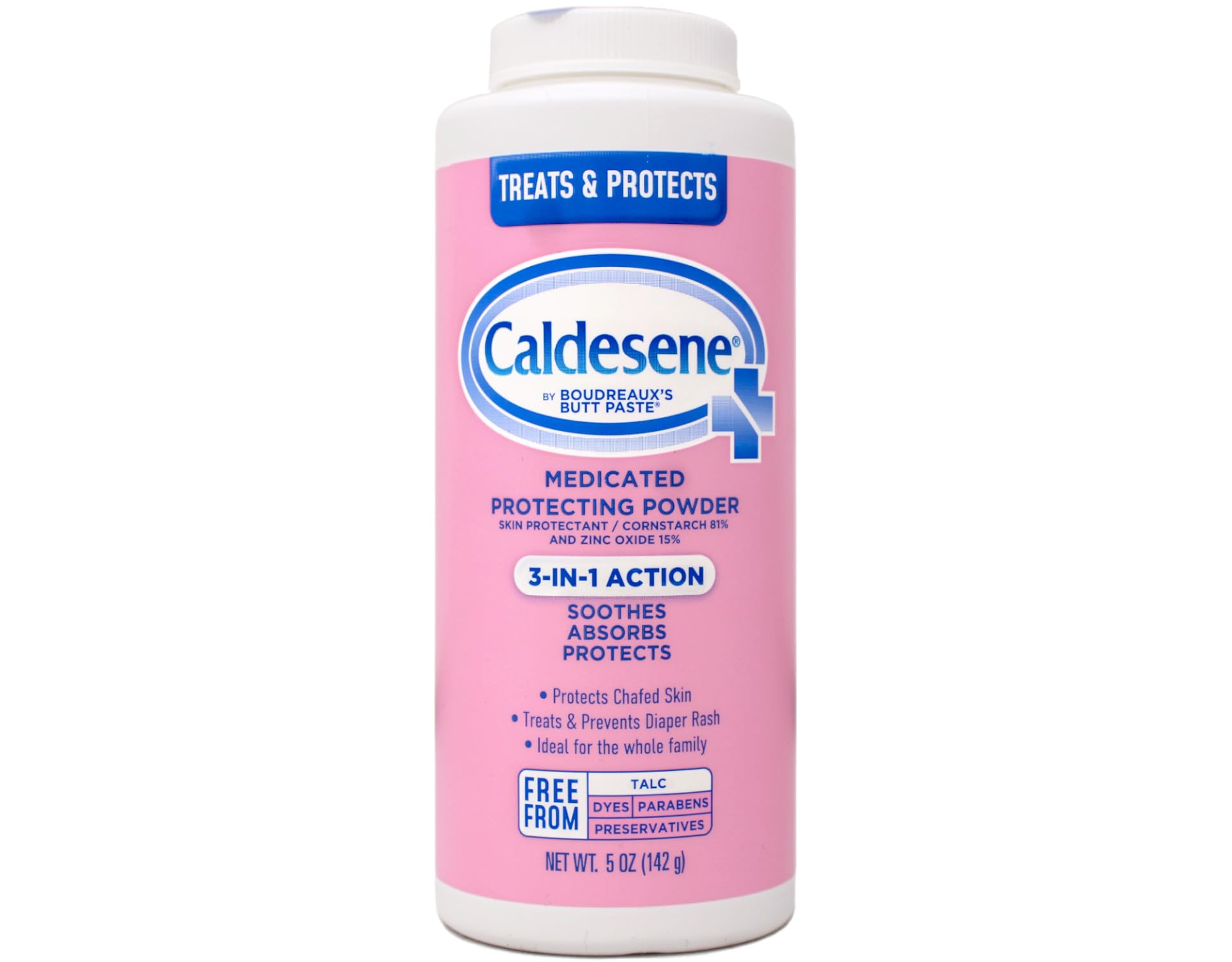 Caldesene medicated protecting powder packaging shows three-pack