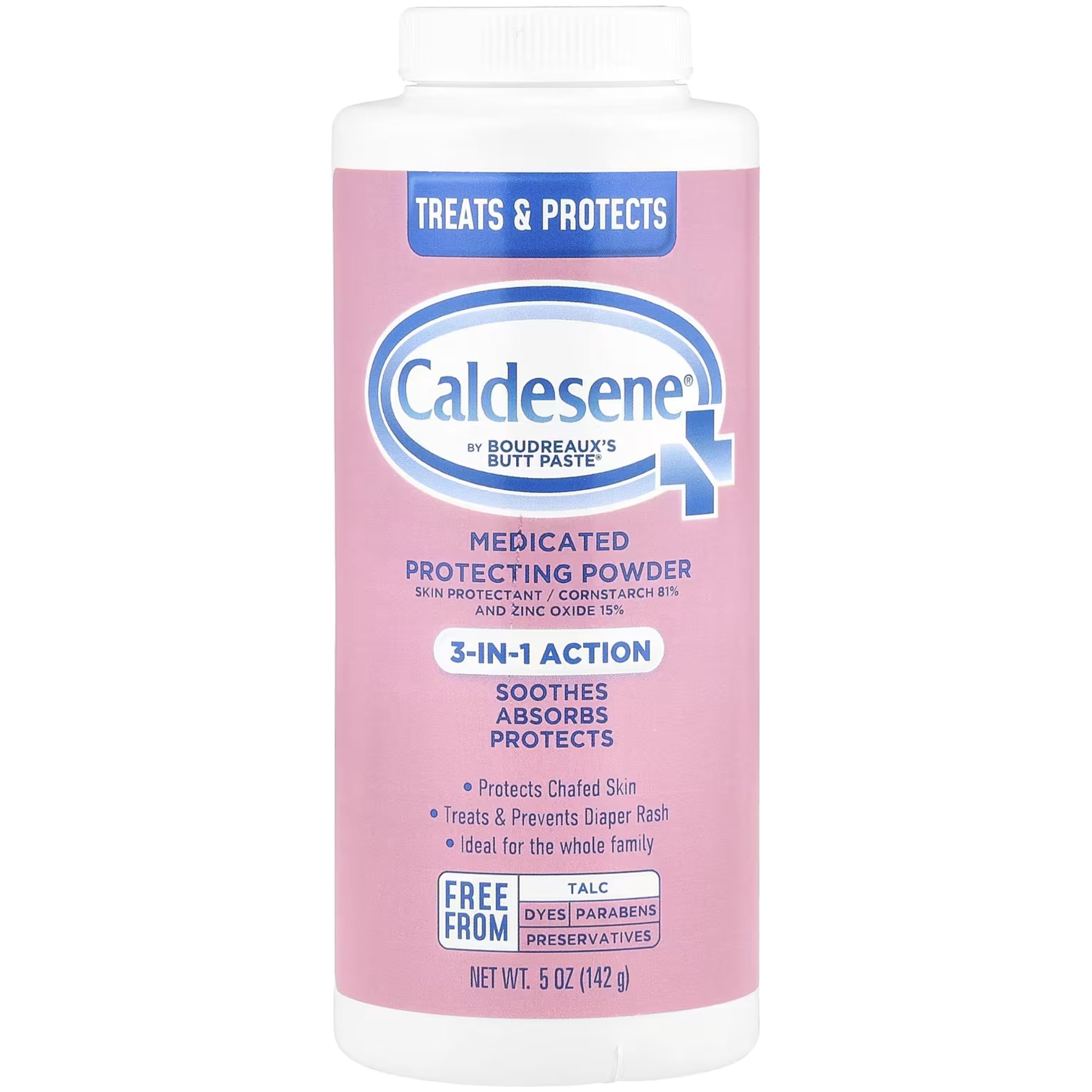 Caldesene powder bottle 5oz demonstrates talc-free zinc oxide moisture barrier.