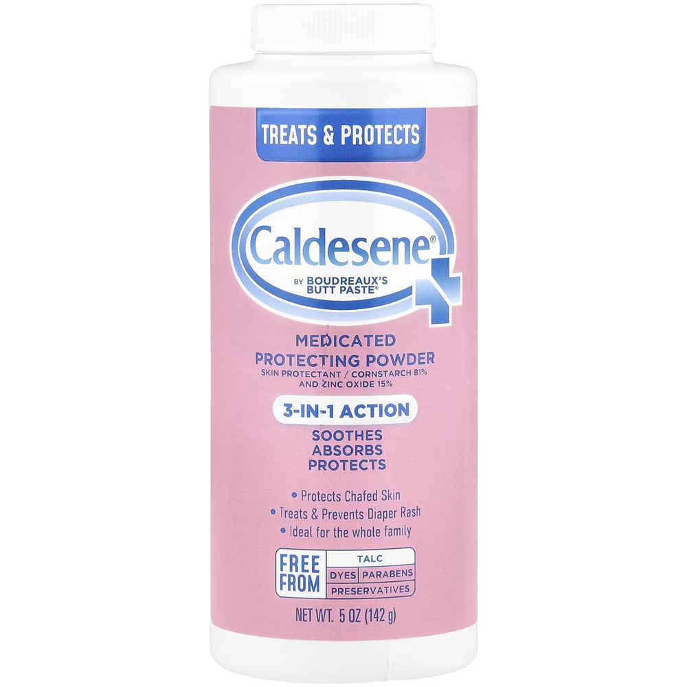 Caldesene powder bottle 5oz demonstrates talc-free zinc oxide moisture barrier.
