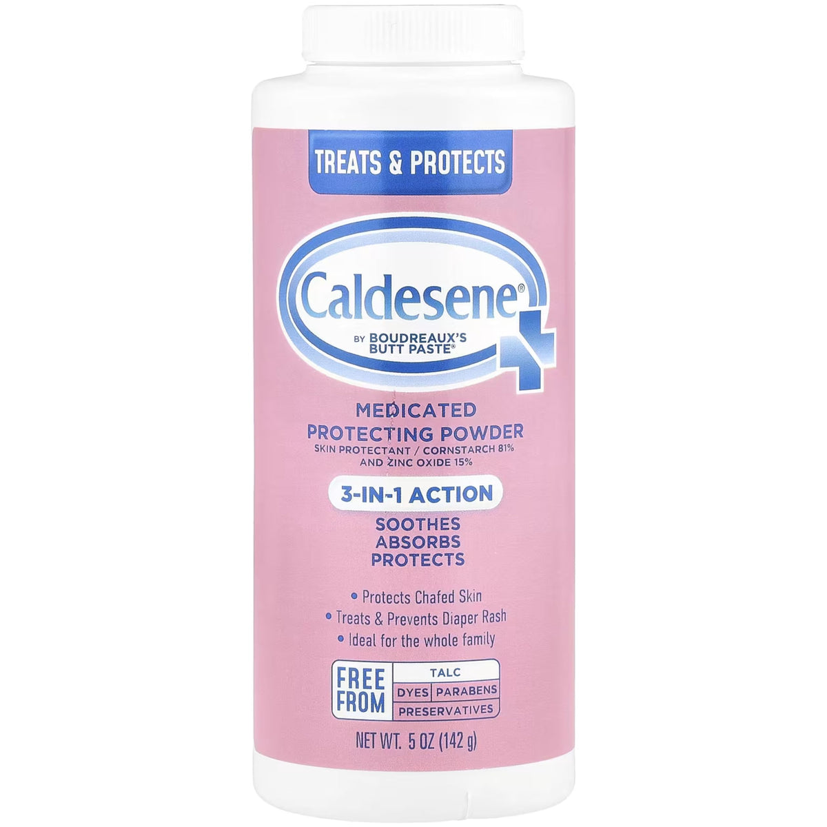 Caldesene powder bottle 5oz demonstrates talc-free zinc oxide moisture barrier.