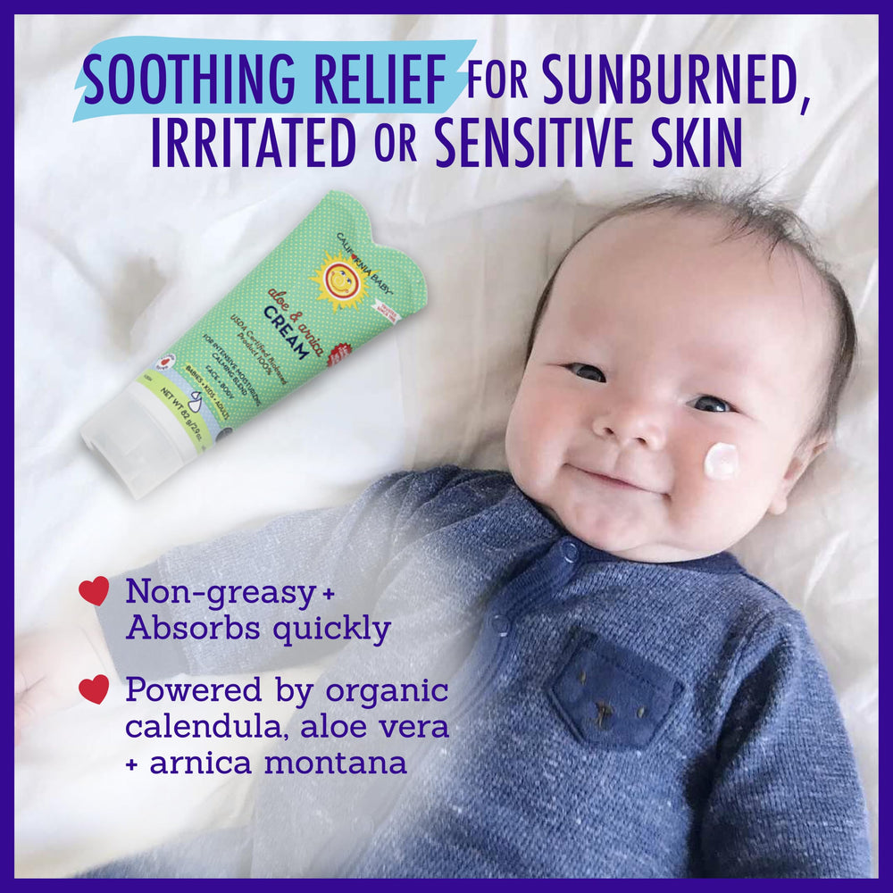 California Baby Aloe Vera Arnica Cream being applied to sun-irritated skin for comforting relief